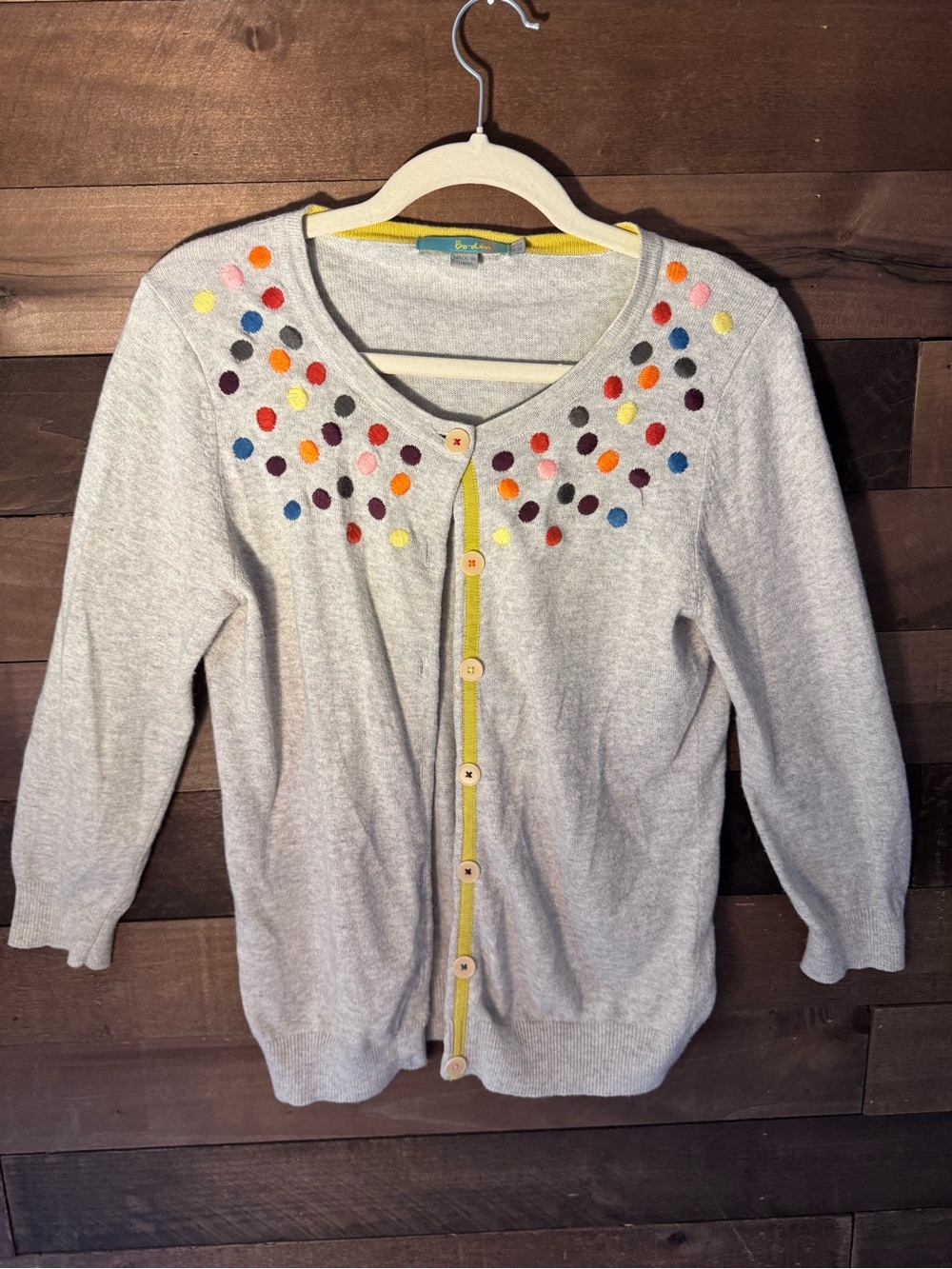 Boden Gray Cardigan with Multicolor Felt Dot Embellishment